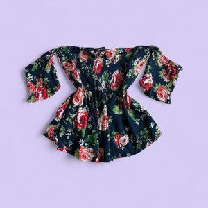 Ambiance Navy Floral Off-the-Shoulder Top – Size Large